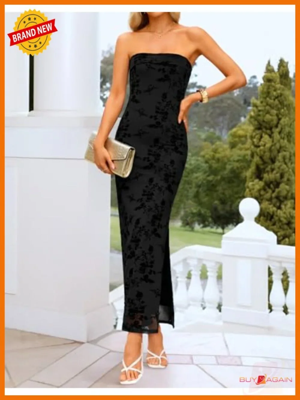 Strapless Floral Bodycon Maxi Dress Mesh Side Slit Cocktail Party